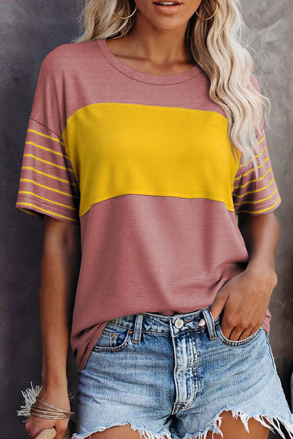 Red Dahlia Color Block Striped Detail Loose T Shirt-Tops/Tops & Tees-[Adult]-[Female]-Red Dahlia-S-2022 Online Blue Zone Planet