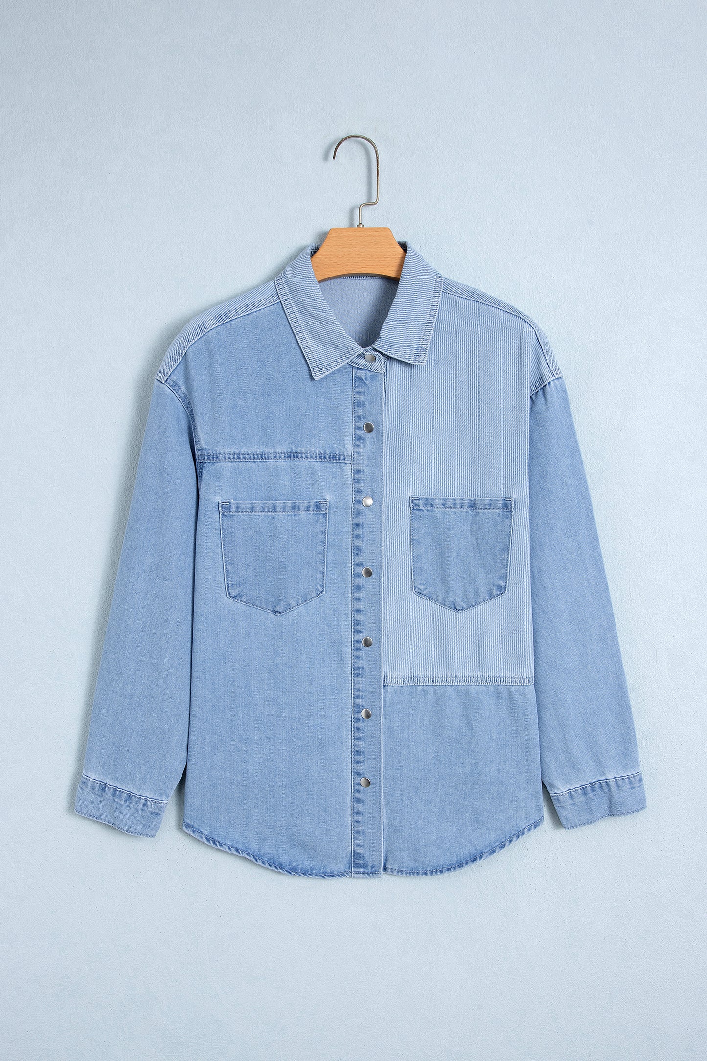Beau Blue Lightweight Denim Striped Patchwork Button Down Shacket-Tops/Blouses & Shirts-[Adult]-[Female]-2022 Online Blue Zone Planet