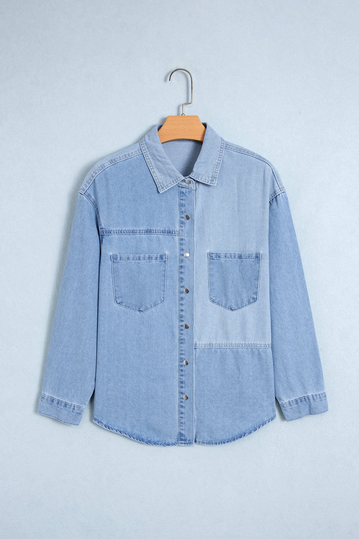 Beau Blue Lightweight Denim Striped Patchwork Button Down Shacket-Tops/Blouses & Shirts-[Adult]-[Female]-2022 Online Blue Zone Planet