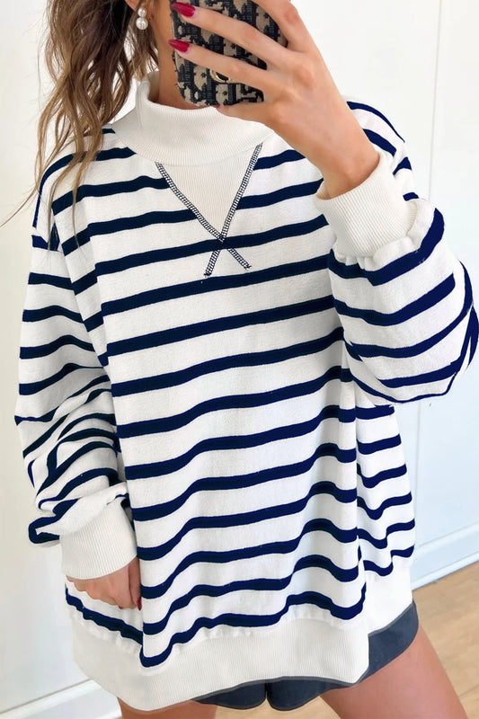 Blue Stripe Striped Stand Neck Long Sleeve Ribbed Cuff Hem Sweatshirt-Tops/Sweatshirts & Hoodies-[Adult]-[Female]-Blue Stripe-S-2022 Online Blue Zone Planet