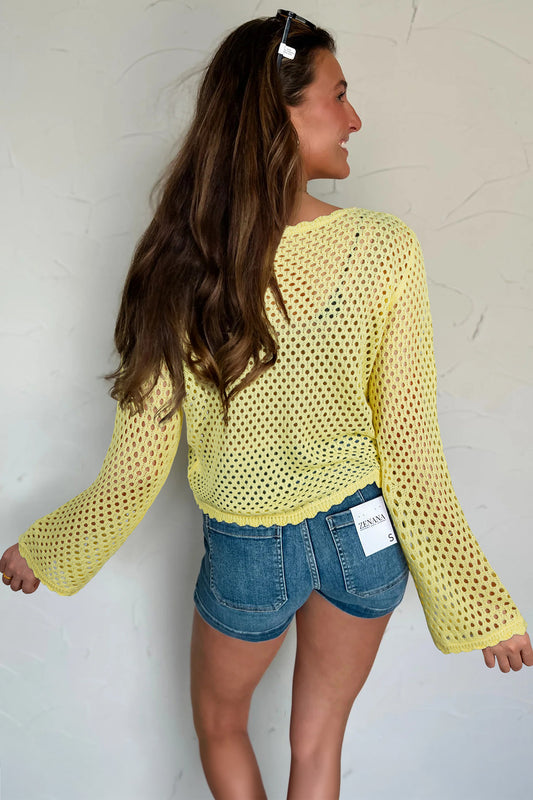 Yellow Cream Scalloped Trim Hollow Out Knit Long Sleeve Top-Sweaters & Cardigans/Sweaters-[Adult]-[Female]-2022 Online Blue Zone Planet
