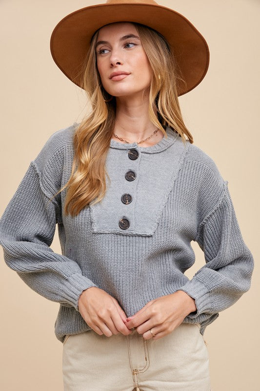 Annie Wear Half Button Ribbed Hem Sweater-TOPS / DRESSES-[Adult]-[Female]-Gray-S-2022 Online Blue Zone Planet