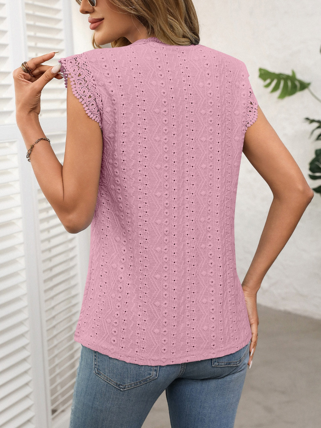 Lace Detail Round Neck Cap Sleeve Top-TOPS / DRESSES-[Adult]-[Female]-2022 Online Blue Zone Planet