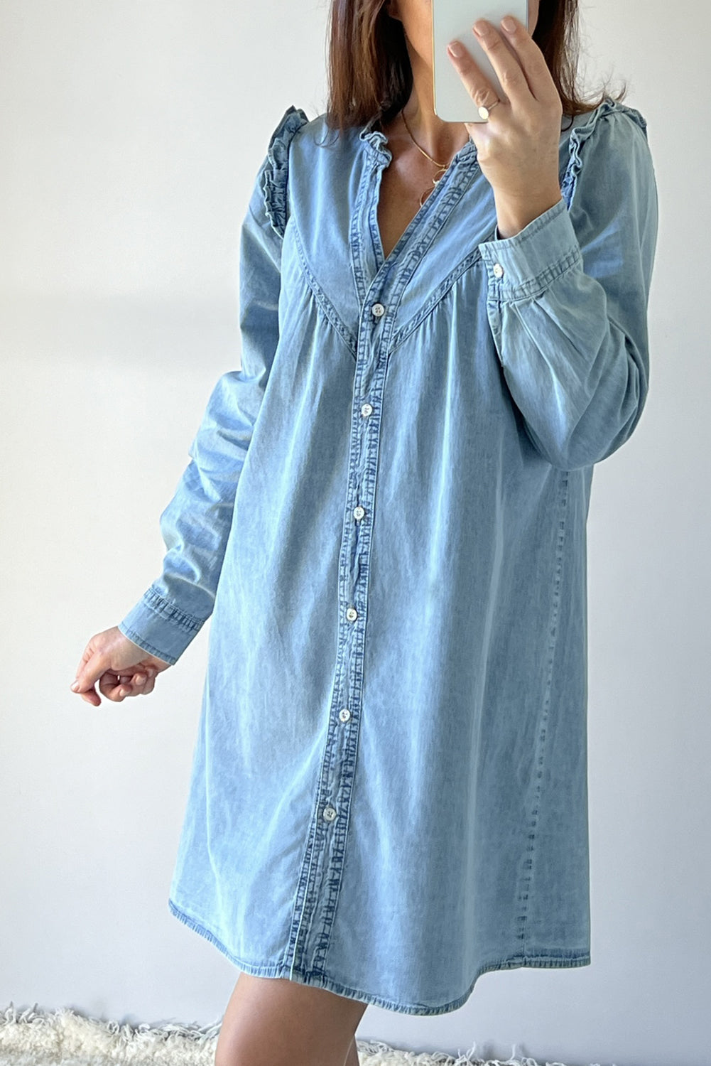 Blue Zone Planet | Myosotis Ruffled V Neck Buttoned Shift Denim Dress-TOPS / DRESSES-[Adult]-[Female]-2022 Online Blue Zone Planet