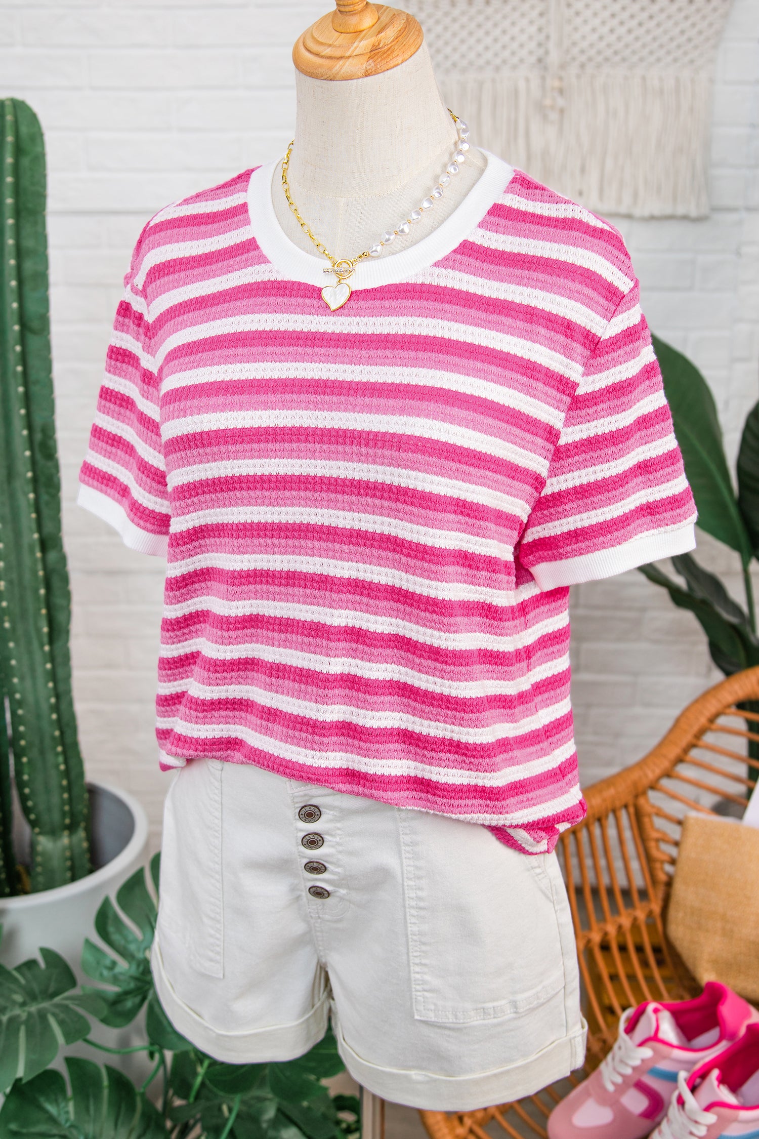 Sachet Pink Textured Knit Short Sleeve Crossed Detail Tee-Tops/Tops & Tees-[Adult]-[Female]-2022 Online Blue Zone Planet
