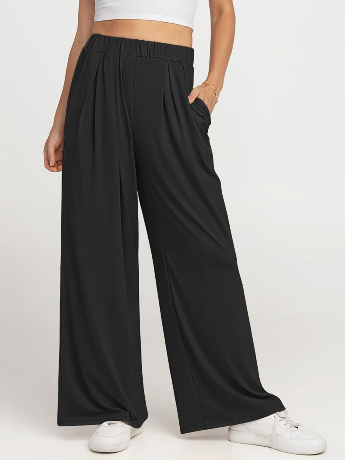 Elastic Waist Wide Leg Pants-BOTTOMS SIZES SMALL MEDIUM LARGE-[Adult]-[Female]-2022 Online Blue Zone Planet