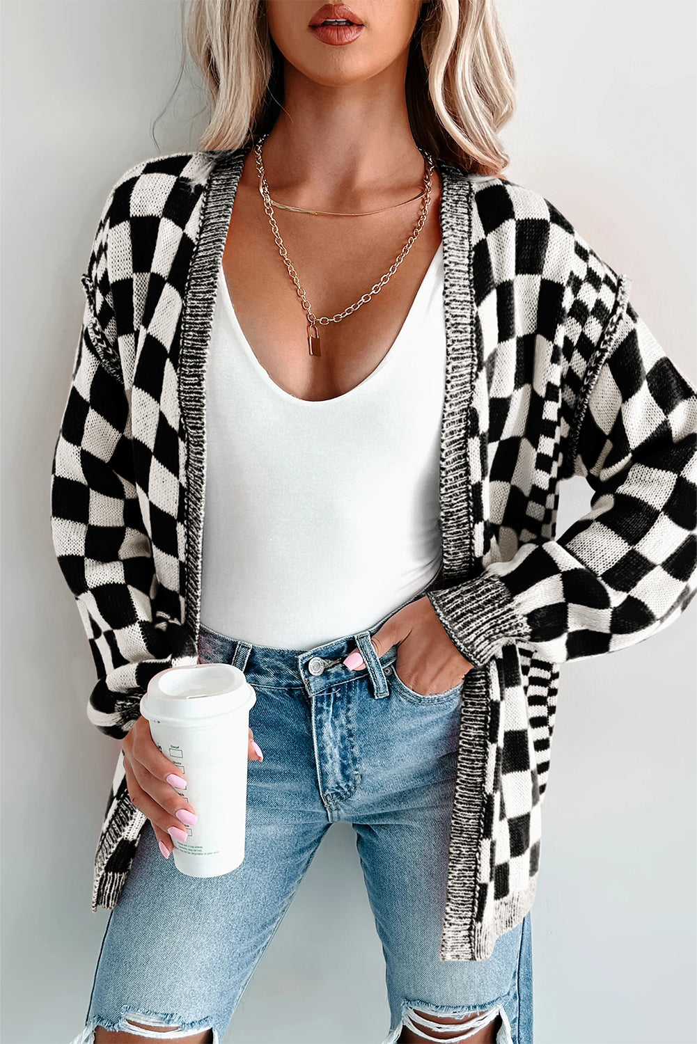 Black Checkered Open Front Drop Shoulder Cardigan-Sweaters & Cardigans/Cardigans-[Adult]-[Female]-Black-S-2022 Online Blue Zone Planet