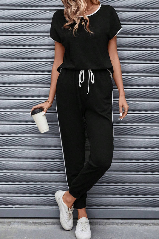 Black Colorblock Trim Casual Two Piece Lounge Set-Loungewear & Sleepwear/Loungewear-[Adult]-[Female]-Black-S-2022 Online Blue Zone Planet