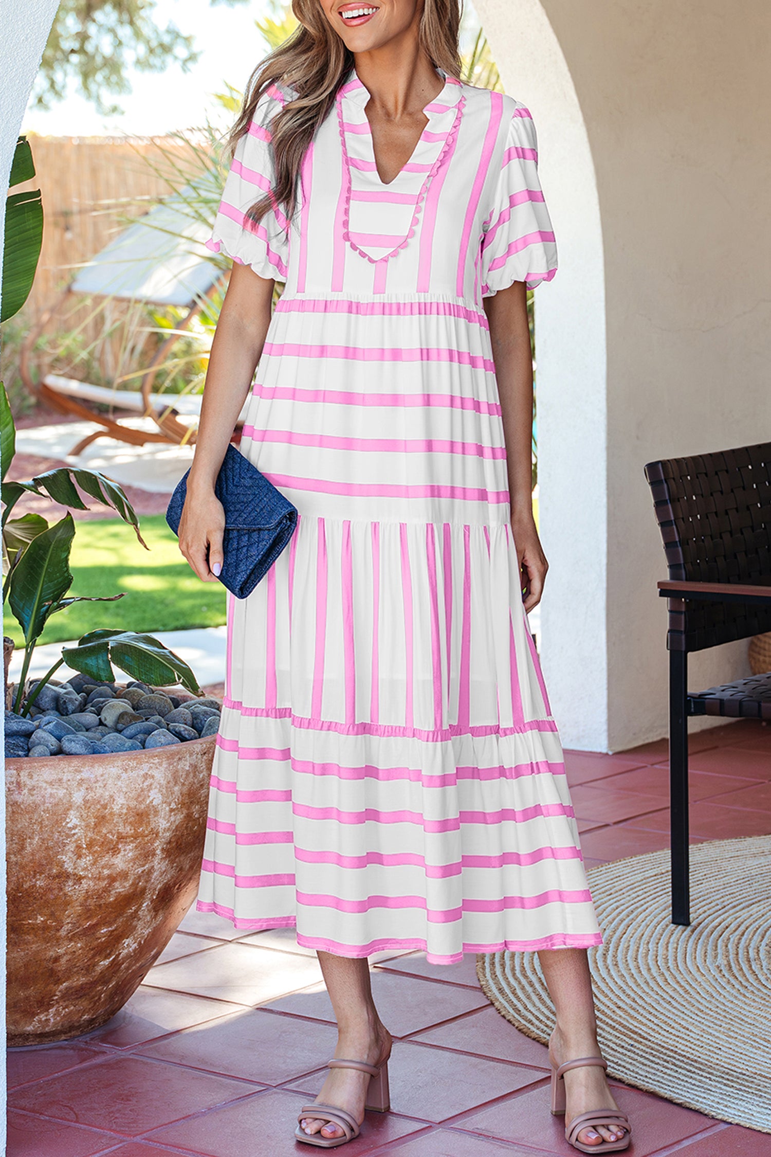Pink Stripe Ricrac Trim Notched Neck Half Sleeve Vacation Dress-TOPS / DRESSES-[Adult]-[Female]-2022 Online Blue Zone Planet