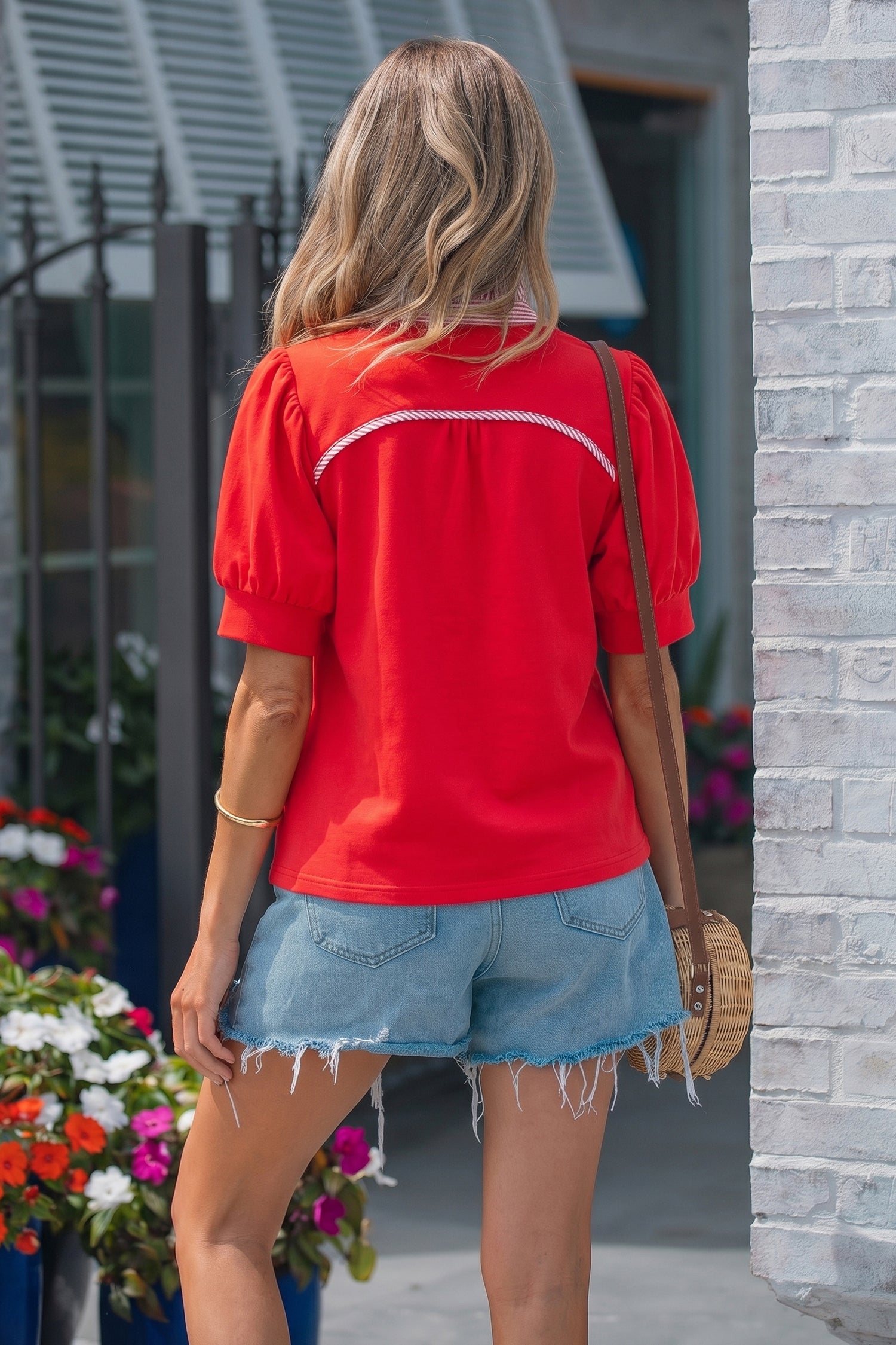 Sachet Pink Striped Frilled Collar Short Sleeve Blouse-Tops/Blouses & Shirts-[Adult]-[Female]-2022 Online Blue Zone Planet