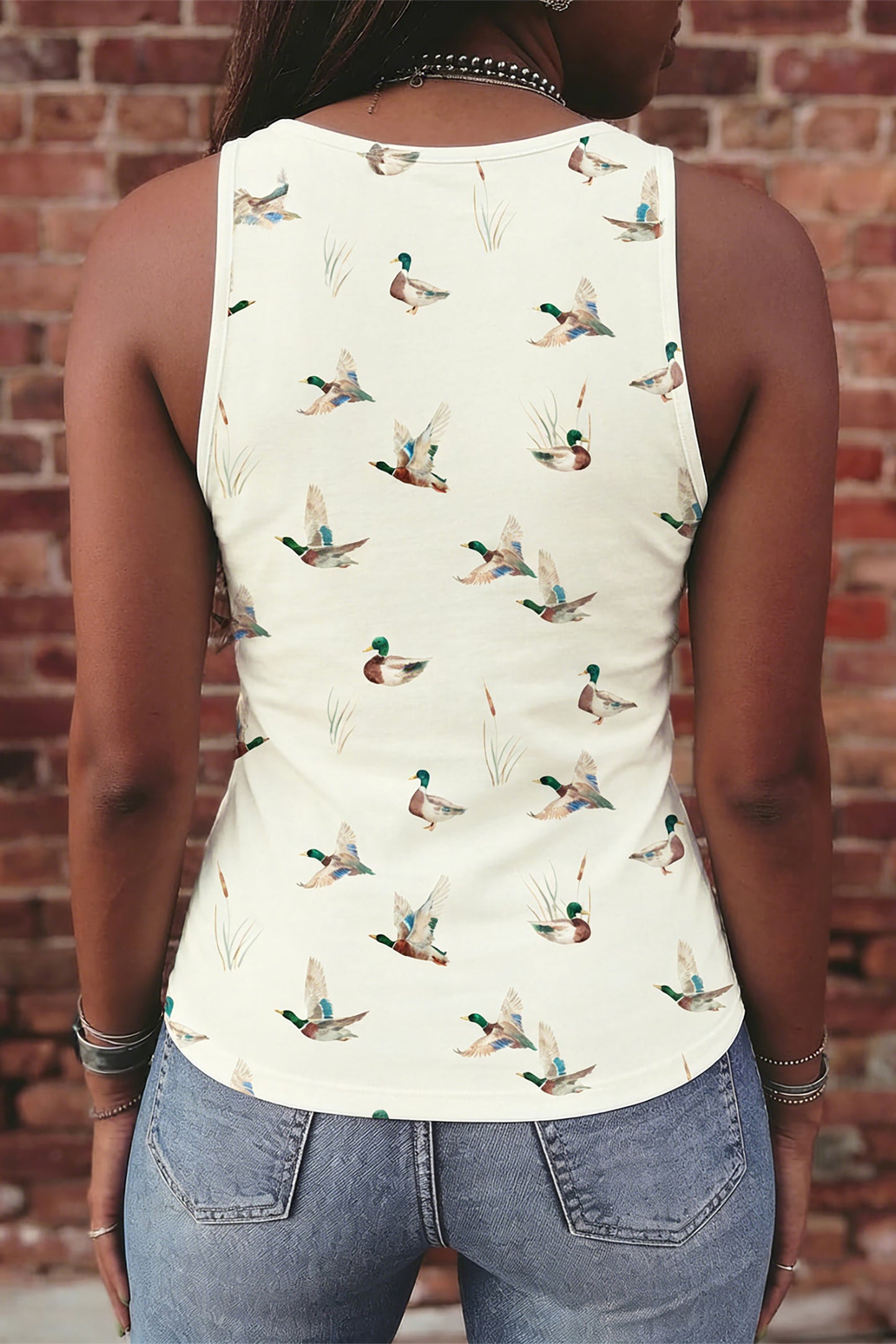 Beige Mallard Print Western Style Tank Top-Tops/Tank Tops-[Adult]-[Female]-2022 Online Blue Zone Planet