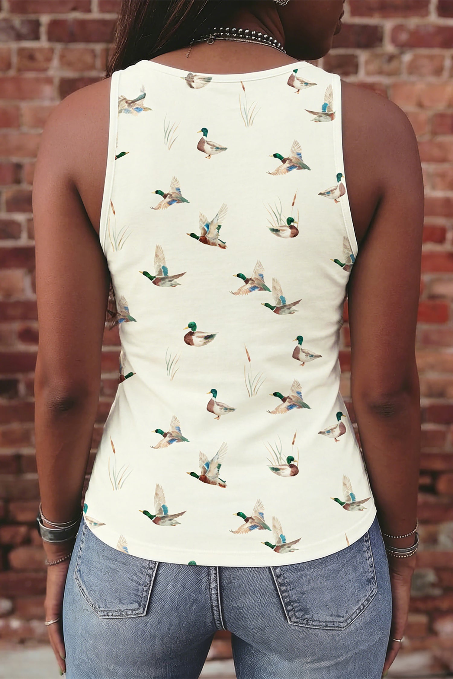 Beige Mallard Print Western Style Tank Top-Tops/Tank Tops-[Adult]-[Female]-2022 Online Blue Zone Planet