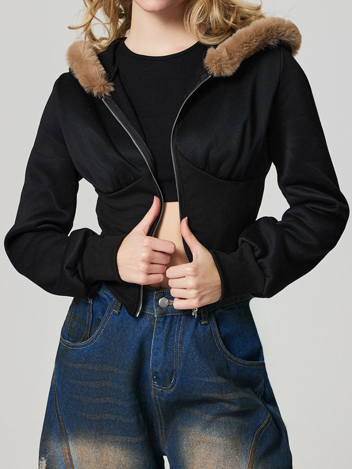 Zip Up Long Sleeve Fuzzy Hem Hooded Jacket-TOPS / DRESSES-[Adult]-[Female]-Black-S-2022 Online Blue Zone Planet