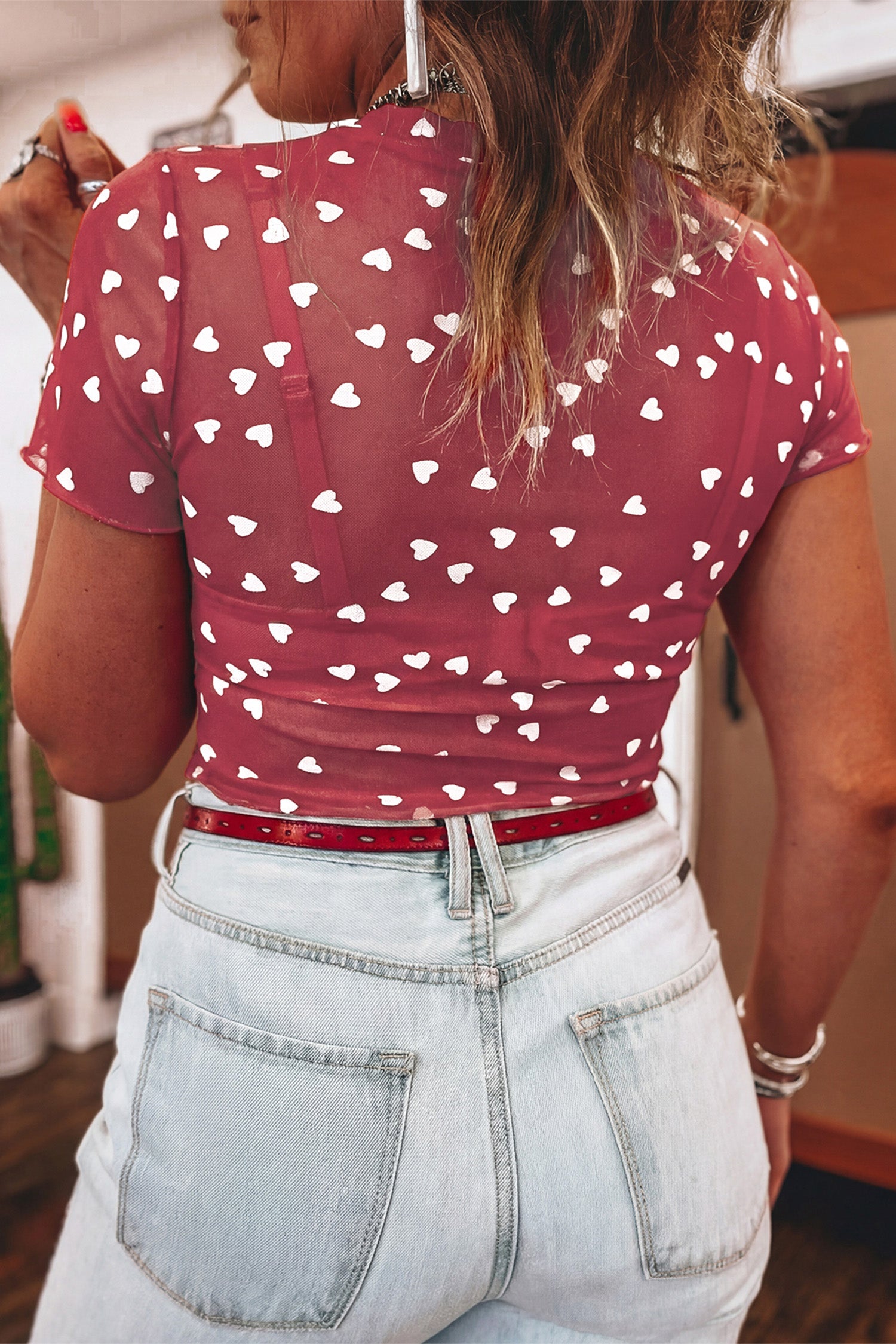 Racing Red Allover Heart Print Mesh Short Sleeve Top-Tops/Tops & Tees-[Adult]-[Female]-2022 Online Blue Zone Planet