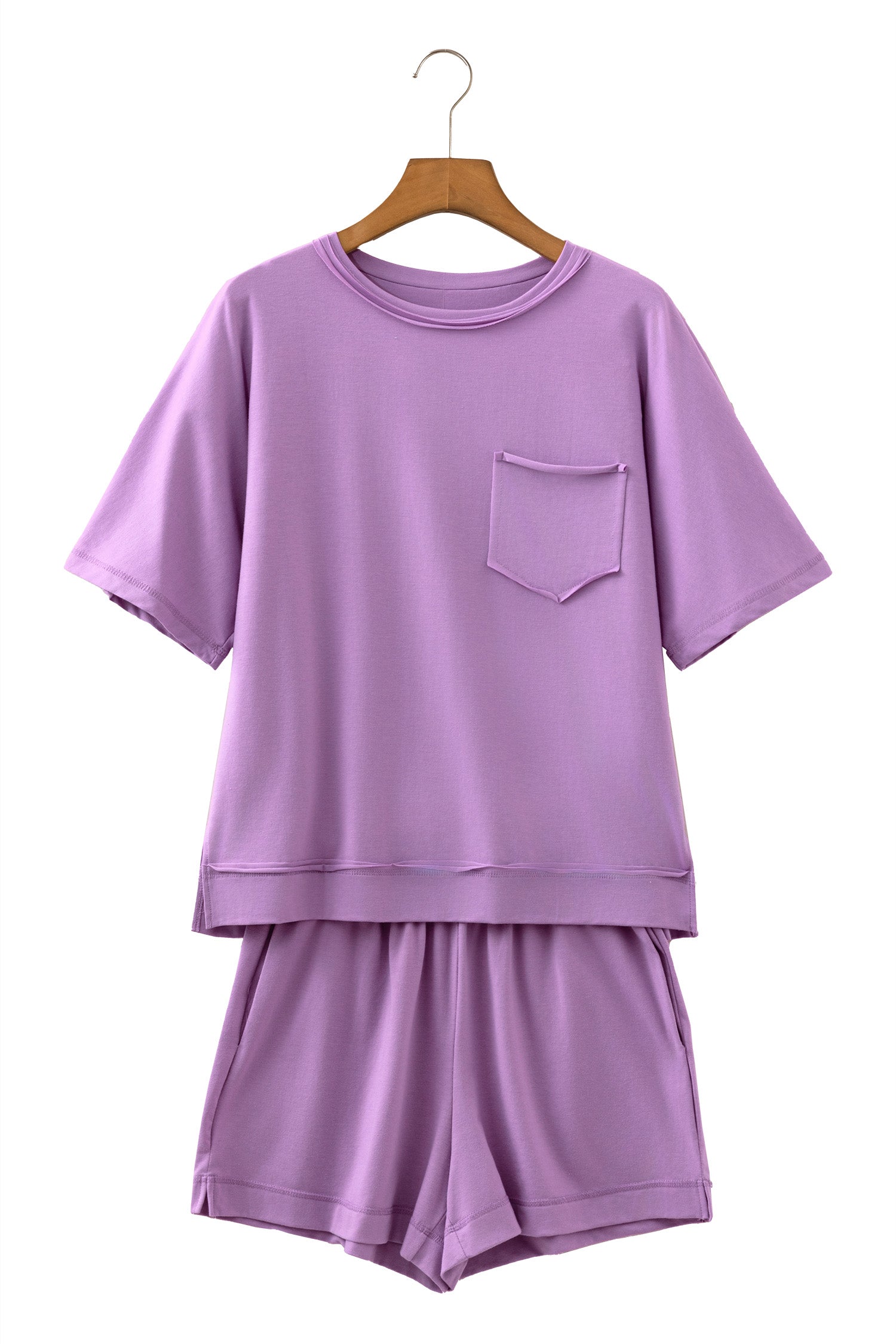 Strawberry Pink Raw Edge Patch Pocket Oversized Top and Shorts Set-Two Piece Sets/Short Sets-[Adult]-[Female]-2022 Online Blue Zone Planet