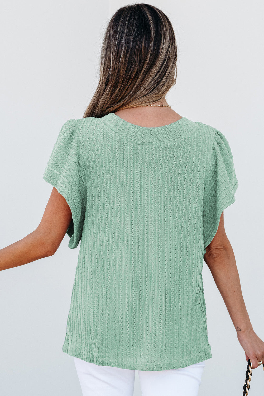 Moonlight Jade Solid Color Textured Flutter Sleeve Top-Tops/Blouses & Shirts-[Adult]-[Female]-2022 Online Blue Zone Planet