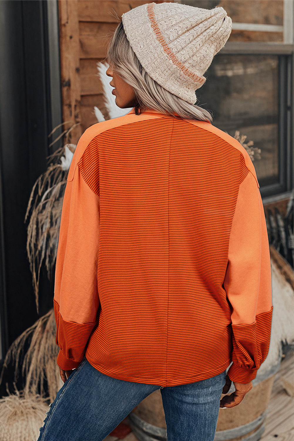 Orange Stripe Exposed Seam Henley Turn-down Neck Puff Sleeve Sweatshirt-Tops/Sweatshirts & Hoodies-[Adult]-[Female]-2022 Online Blue Zone Planet