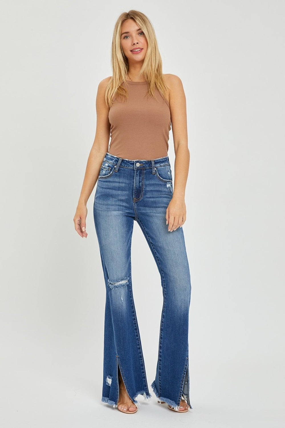 Blue Zone Planet | RISEN Full Size High Rise Front Slit Frayed Hem Flare Jeans-TOPS / DRESSES-[Adult]-[Female]-2022 Online Blue Zone Planet