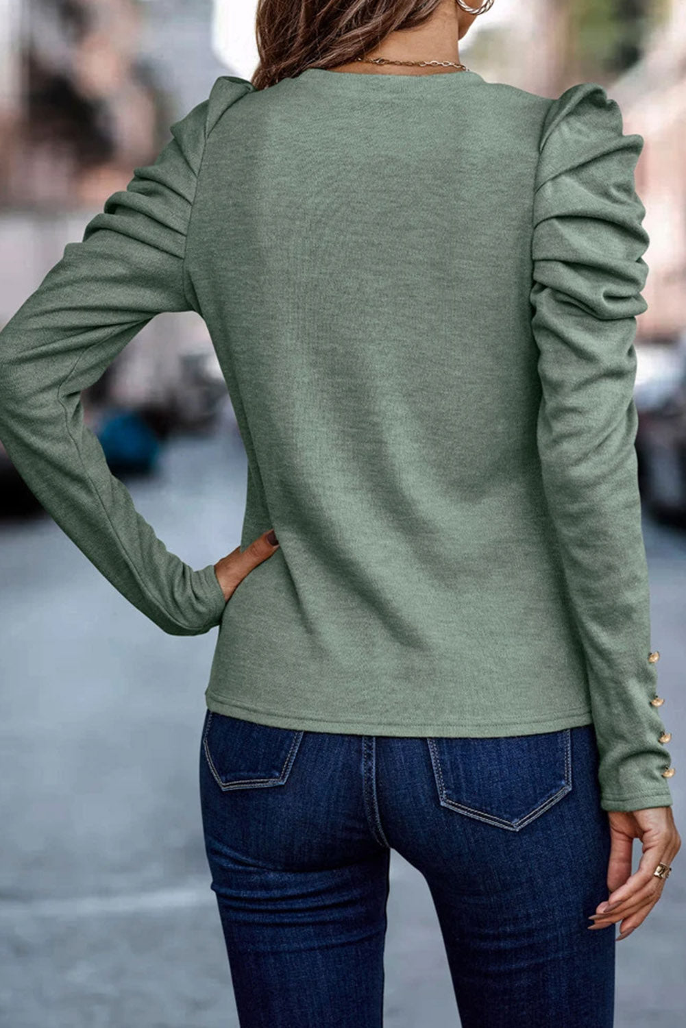 Black Buttoned Puff Long Sleeve Sheath Top-Tops/Long Sleeve Tops-[Adult]-[Female]-2022 Online Blue Zone Planet