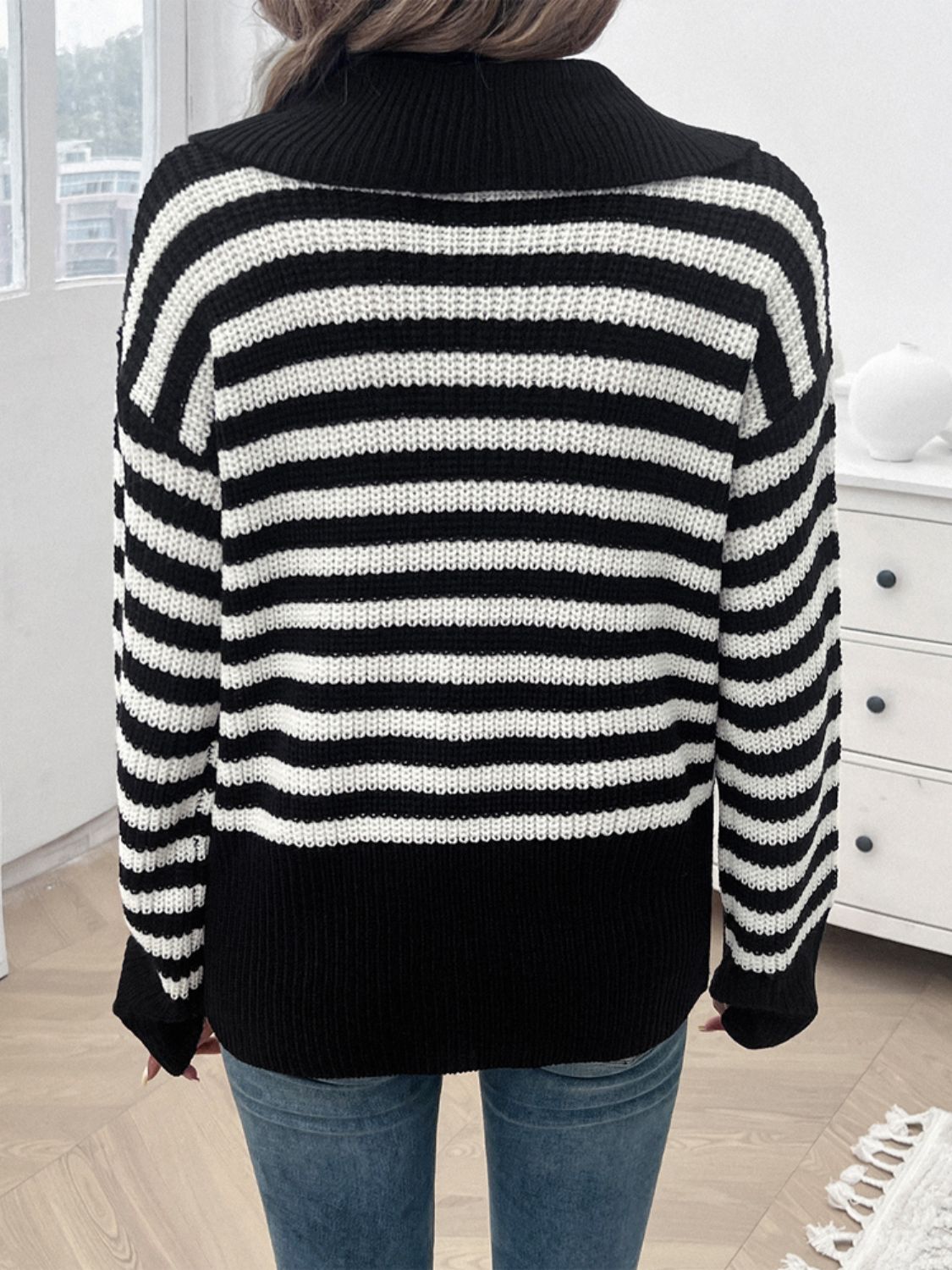 Striped Collared Neck Long Sleeve Sweater-TOPS / DRESSES-[Adult]-[Female]-2022 Online Blue Zone Planet