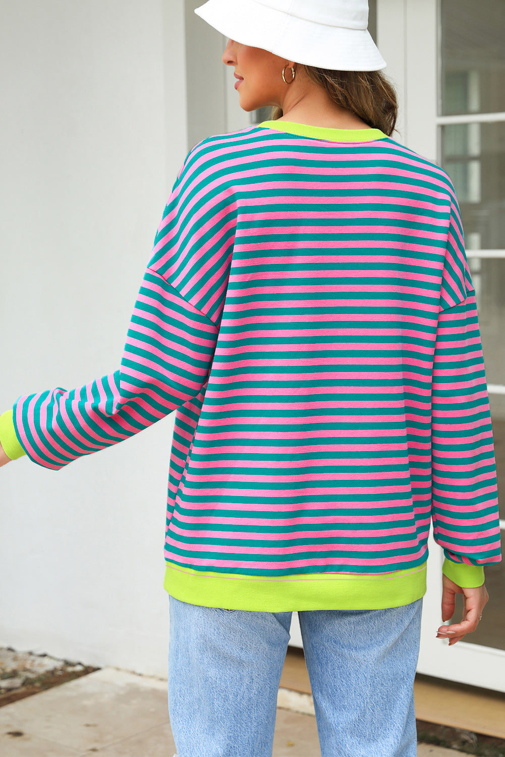 Rose Stripe Contrast Ribbed Trim Crossed Stitch Drop Shoulder Sweatshirt-Tops/Sweatshirts & Hoodies-[Adult]-[Female]-2022 Online Blue Zone Planet