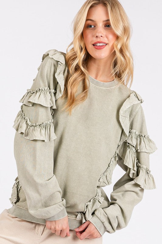 Mittoshop Ruffled Mineral Washed Round Neck Long Sleeve Sweatshirt-TOPS / DRESSES-[Adult]-[Female]-2022 Online Blue Zone Planet