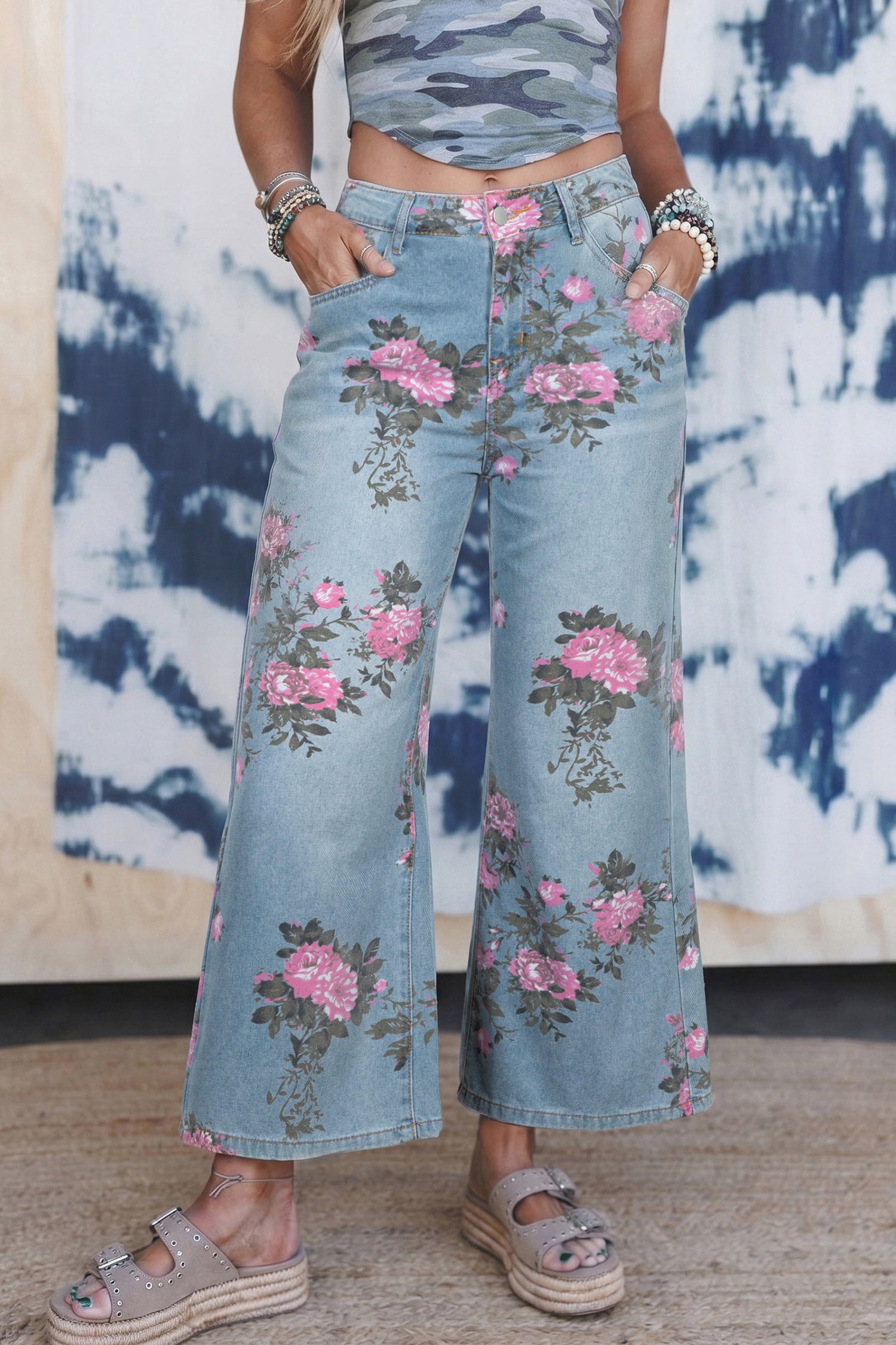 Sky Blue Garden Floral Print Bootcut Jeans-Bottoms/Jeans-[Adult]-[Female]-2022 Online Blue Zone Planet