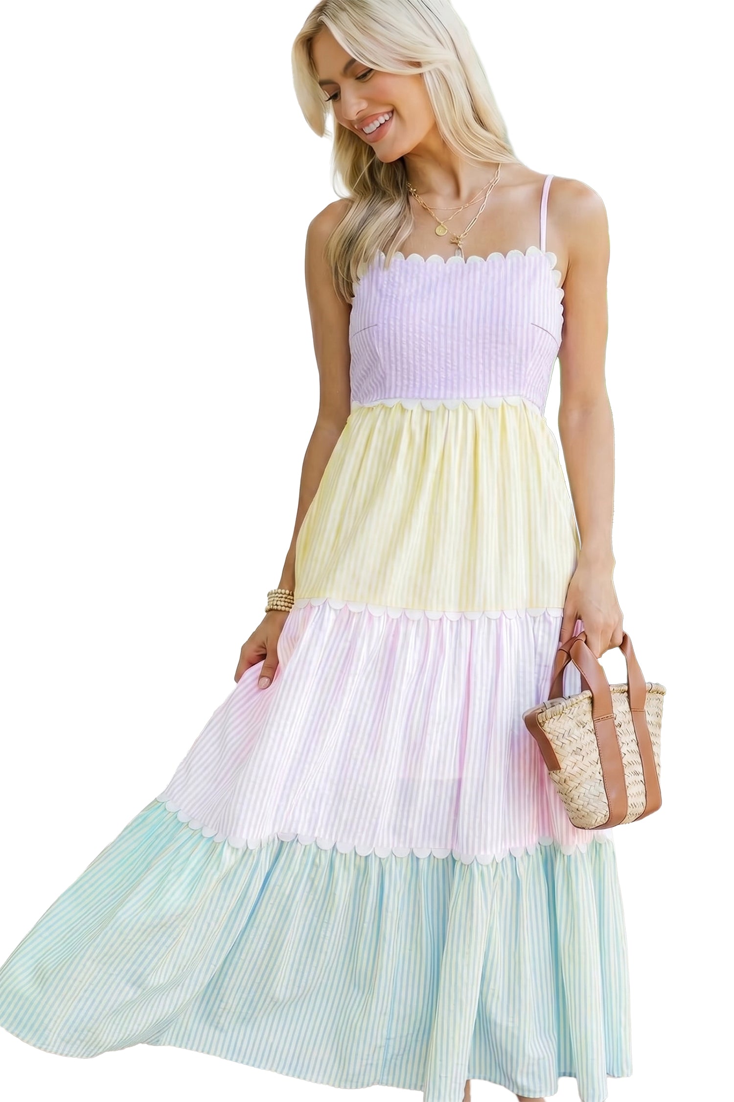 Multicolour Striped Colorblock Adjustable Strap Scalloped Detail Long Dress-Dresses/Maxi Dresses-[Adult]-[Female]-2022 Online Blue Zone Planet