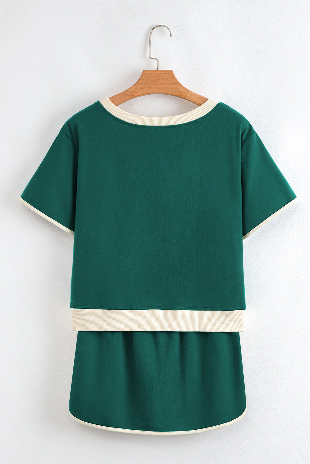 Evergreen Colorblock Edge Drop Shoulder T Shirt and Skirt 2Pcs Set-Two Piece Sets/Two Piece Dresses-[Adult]-[Female]-2022 Online Blue Zone Planet