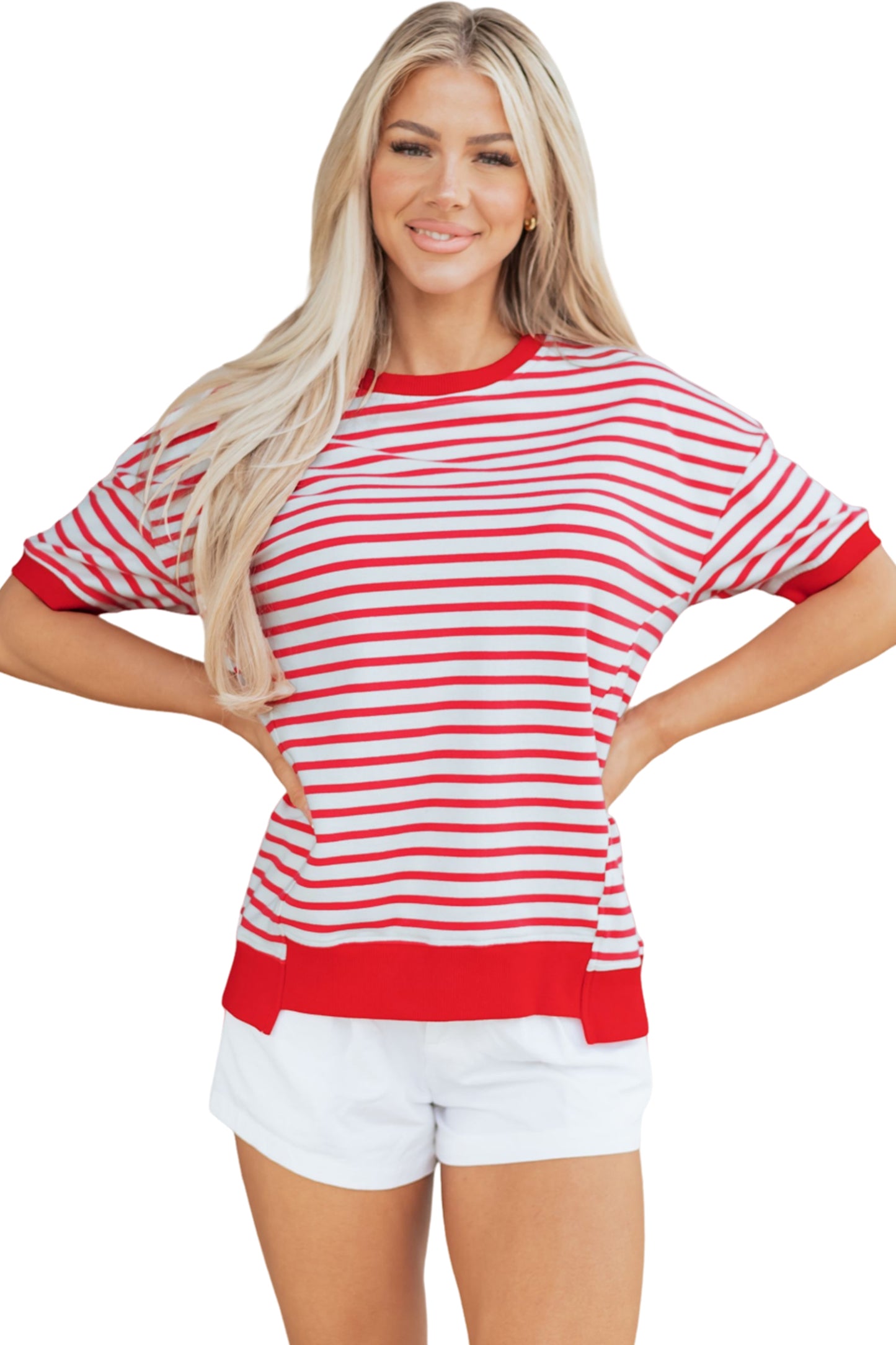 Red Stripe Drop Shoulder Half Sleeve T Shirt-Tops/Tops & Tees-[Adult]-[Female]-2022 Online Blue Zone Planet