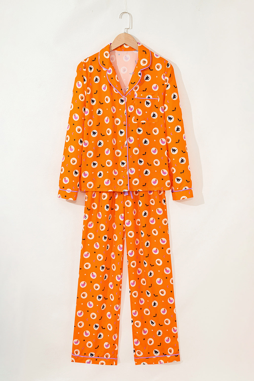 Orange Halloween Print Lapel Shirt Long 2pcs Pajama Set-Loungewear & Sleepwear/Sleepwear-[Adult]-[Female]-Orange-S-2022 Online Blue Zone Planet