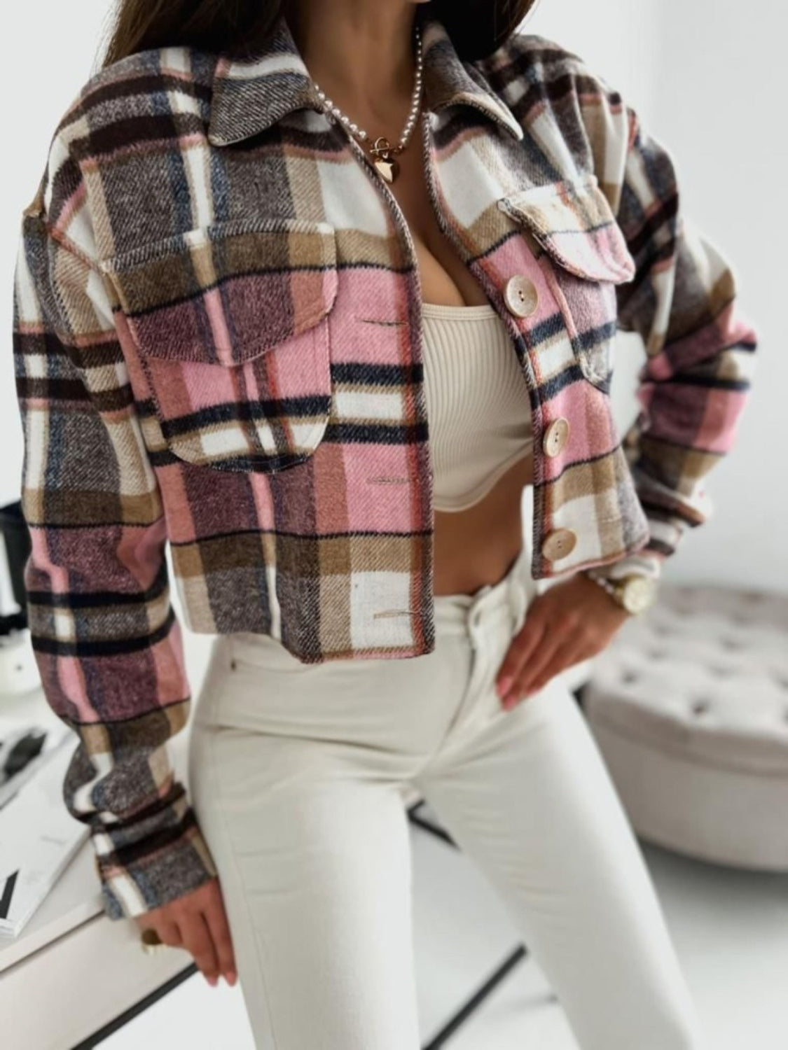 Pocketed Collared Neck Long Sleeve Plaid Jacket-TOPS / DRESSES-[Adult]-[Female]-2022 Online Blue Zone Planet