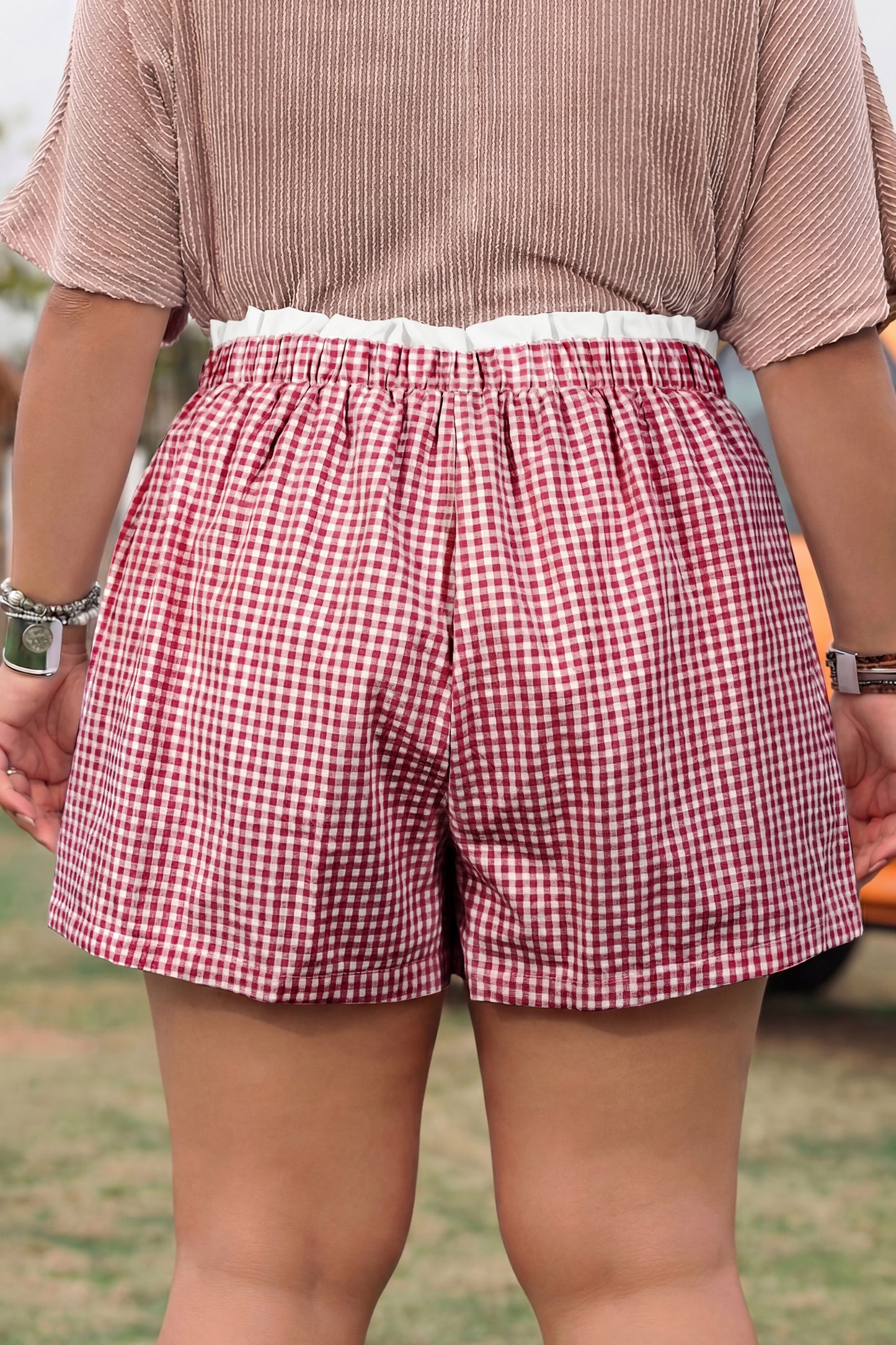 Green Contrast Trim Plaid Print Plus Size Shorts-Plus Size/Plus Size Bottoms-[Adult]-[Female]-2022 Online Blue Zone Planet