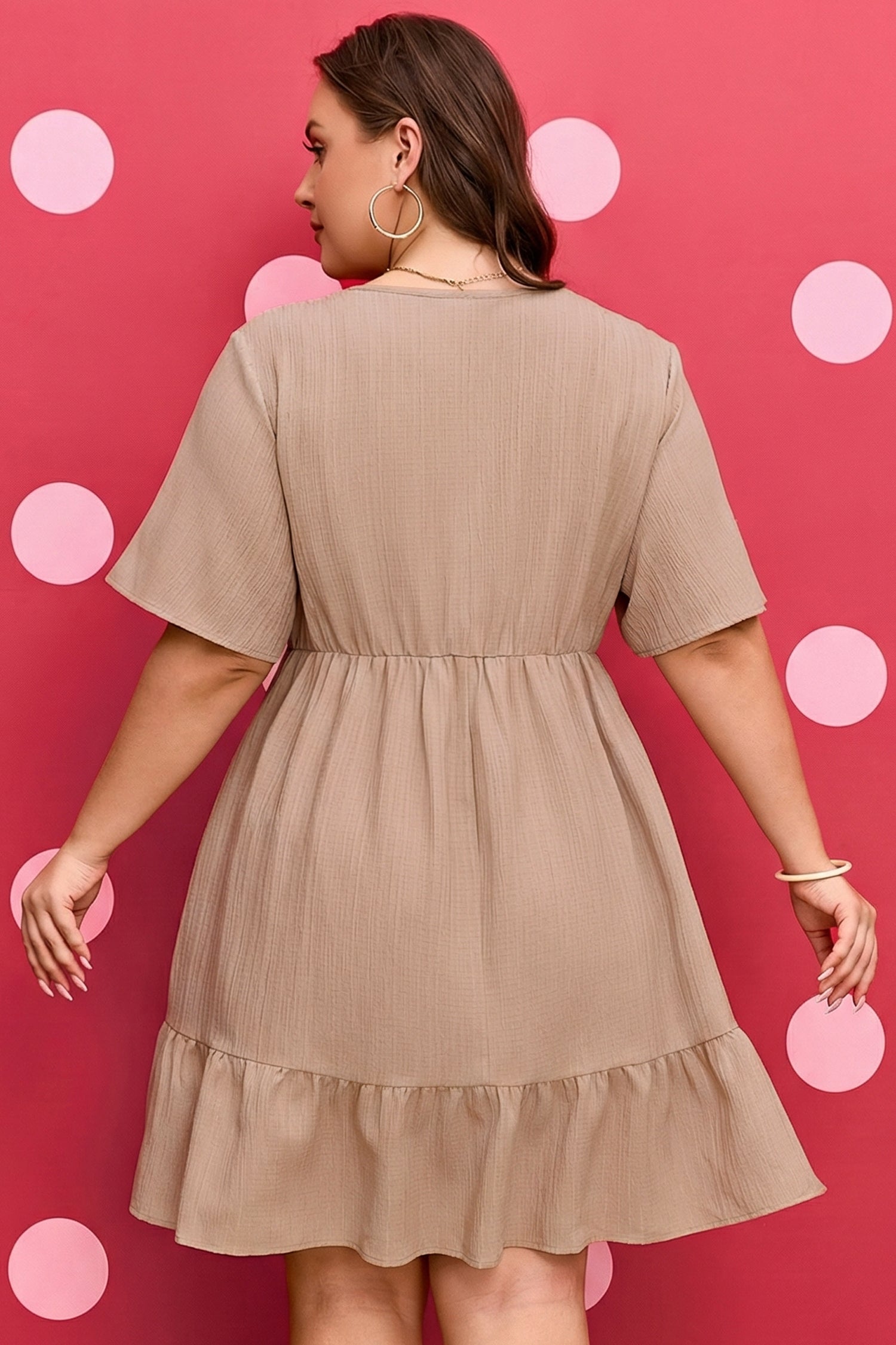 Dark Khaki Plus Size Textured Ruffled Short Sleeve Dress-TOPS / DRESSES-[Adult]-[Female]-2022 Online Blue Zone Planet