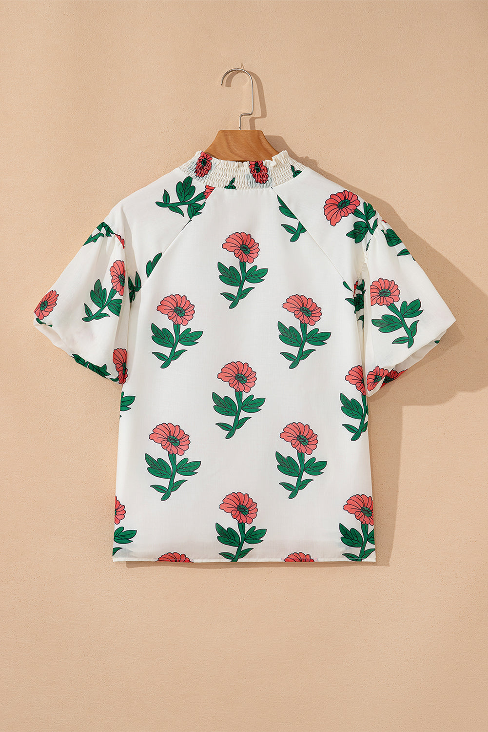 Beige Floral Print Shirred Split Neck Short Sleeve Blouse-Tops/Blouses & Shirts-[Adult]-[Female]-2022 Online Blue Zone Planet