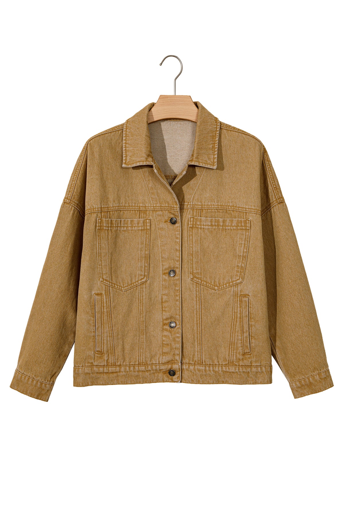honey gold Metal Button Front Long Sleeve Collar Denim Jacket-Outerwear/Denim jackets-[Adult]-[Female]-2022 Online Blue Zone Planet