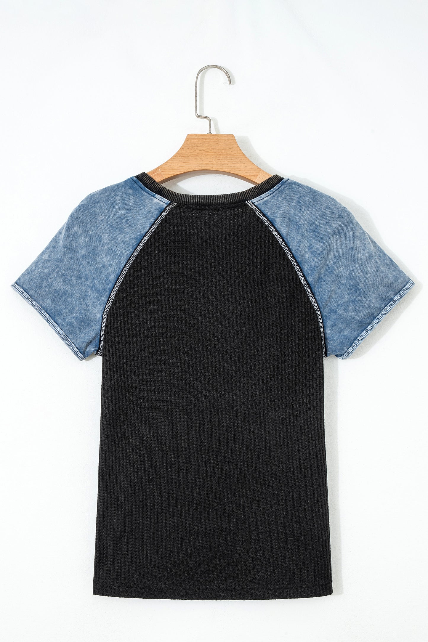 Carbon Grey Waffle Knit Seam Detail Color Block Patchwork Short Sleeve Top-Tops/Tops & Tees-[Adult]-[Female]-2022 Online Blue Zone Planet