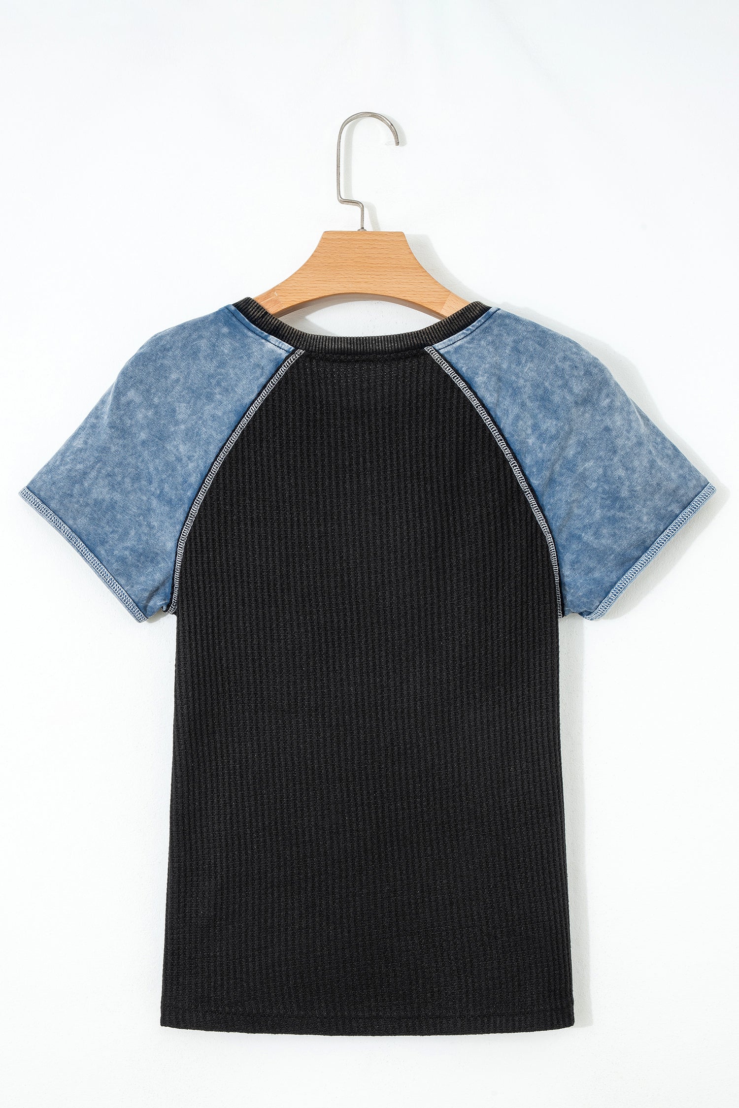 Carbon Grey Waffle Knit Seam Detail Color Block Patchwork Short Sleeve Top-Tops/Tops & Tees-[Adult]-[Female]-2022 Online Blue Zone Planet