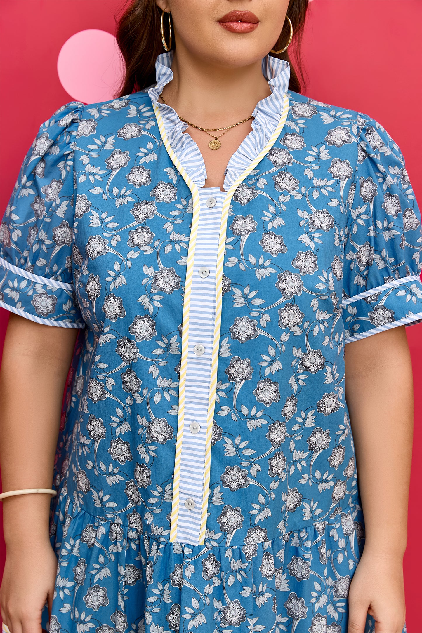 Blue Plus Size Floral Print Striped Patchwork Detail Button Front Ruffle Hem Dress-TOPS / DRESSES-[Adult]-[Female]-2022 Online Blue Zone Planet