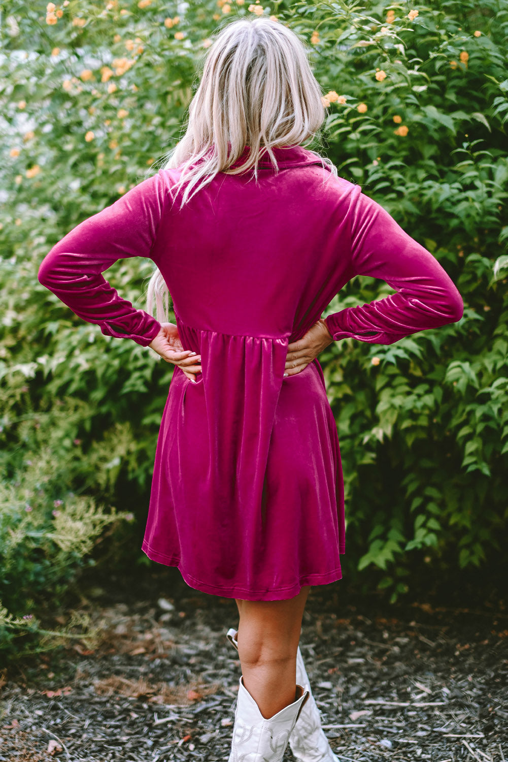 Rose Long Sleeve Ruffle Velvet Button Up Dress-Dresses/Mini Dresses-[Adult]-[Female]-2022 Online Blue Zone Planet