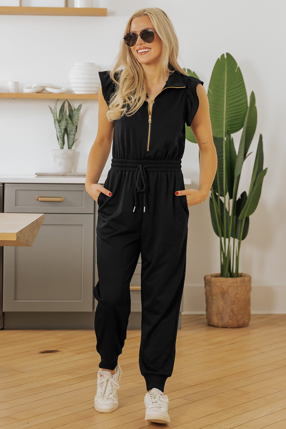 Blue Zone Planet | Black Zipper Flutter Sleeve Drawstring High Waist Jumpsuit-Bottoms/Jumpsuits & Rompers-[Adult]-[Female]-2022 Online Blue Zone Planet