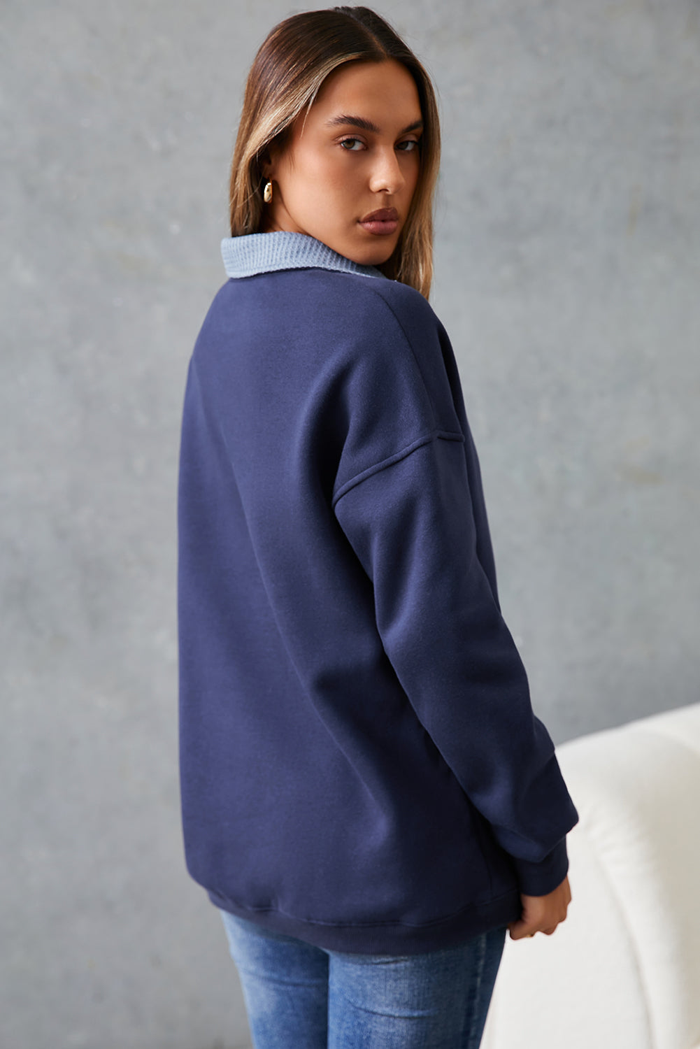 Dirty blue Drop Shoulder Metal Button Casual Pullover Sweatshirt-Tops/Sweatshirts & Hoodies-[Adult]-[Female]-2022 Online Blue Zone Planet