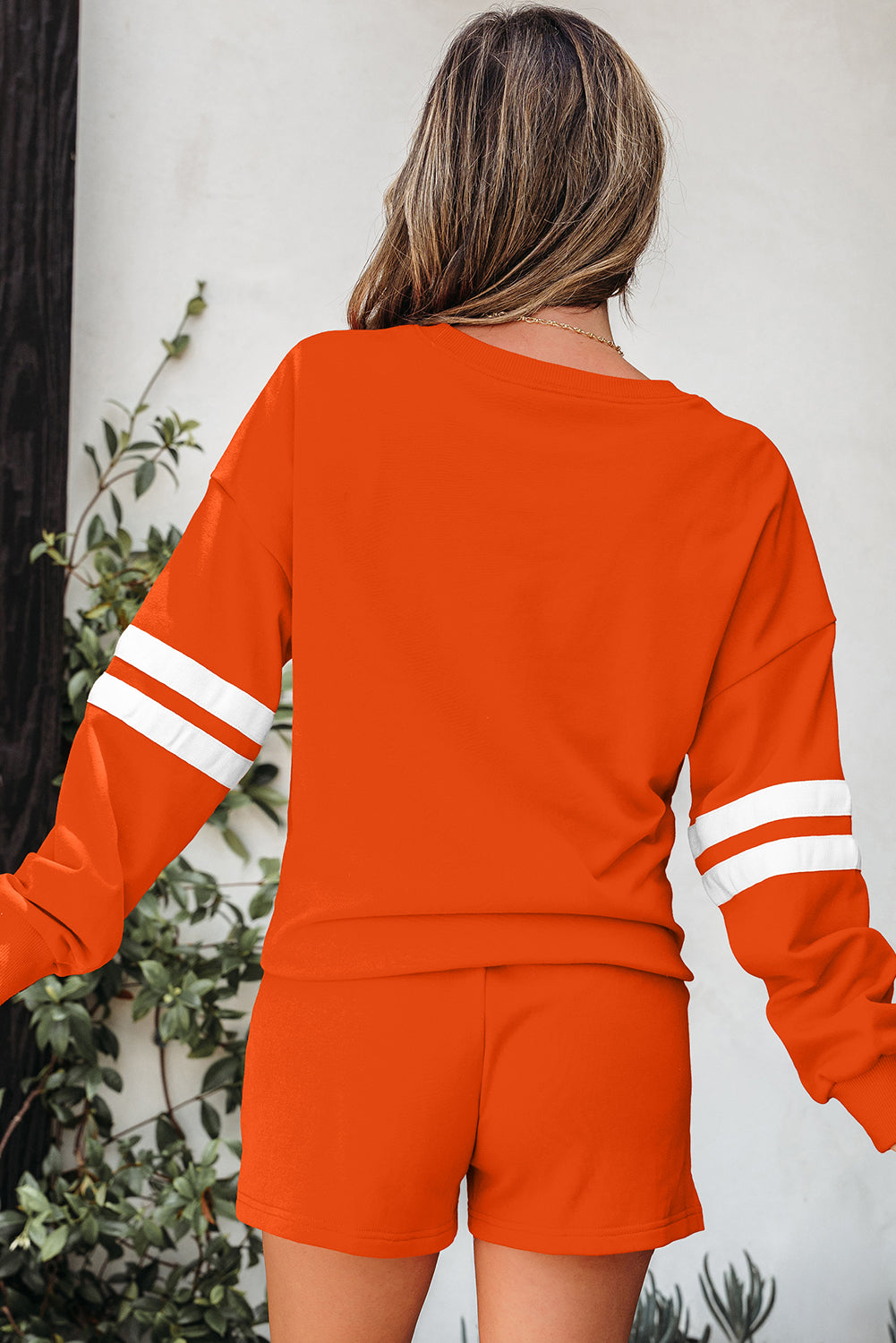 Orange Varsity Striped Sleeve Drop Shoulder Sweatshirt and Short Set-Two Piece Sets/Short Sets-[Adult]-[Female]-2022 Online Blue Zone Planet