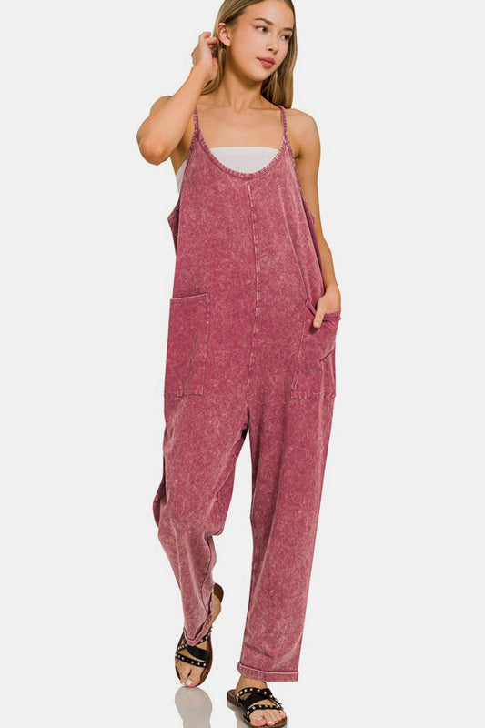 Blue Zone Planet | Zenana Washed Spaghetti Straps Overalls with Pockets-TOPS / DRESSES-[Adult]-[Female]-Dk Burgundy-S/M-2022 Online Blue Zone Planet