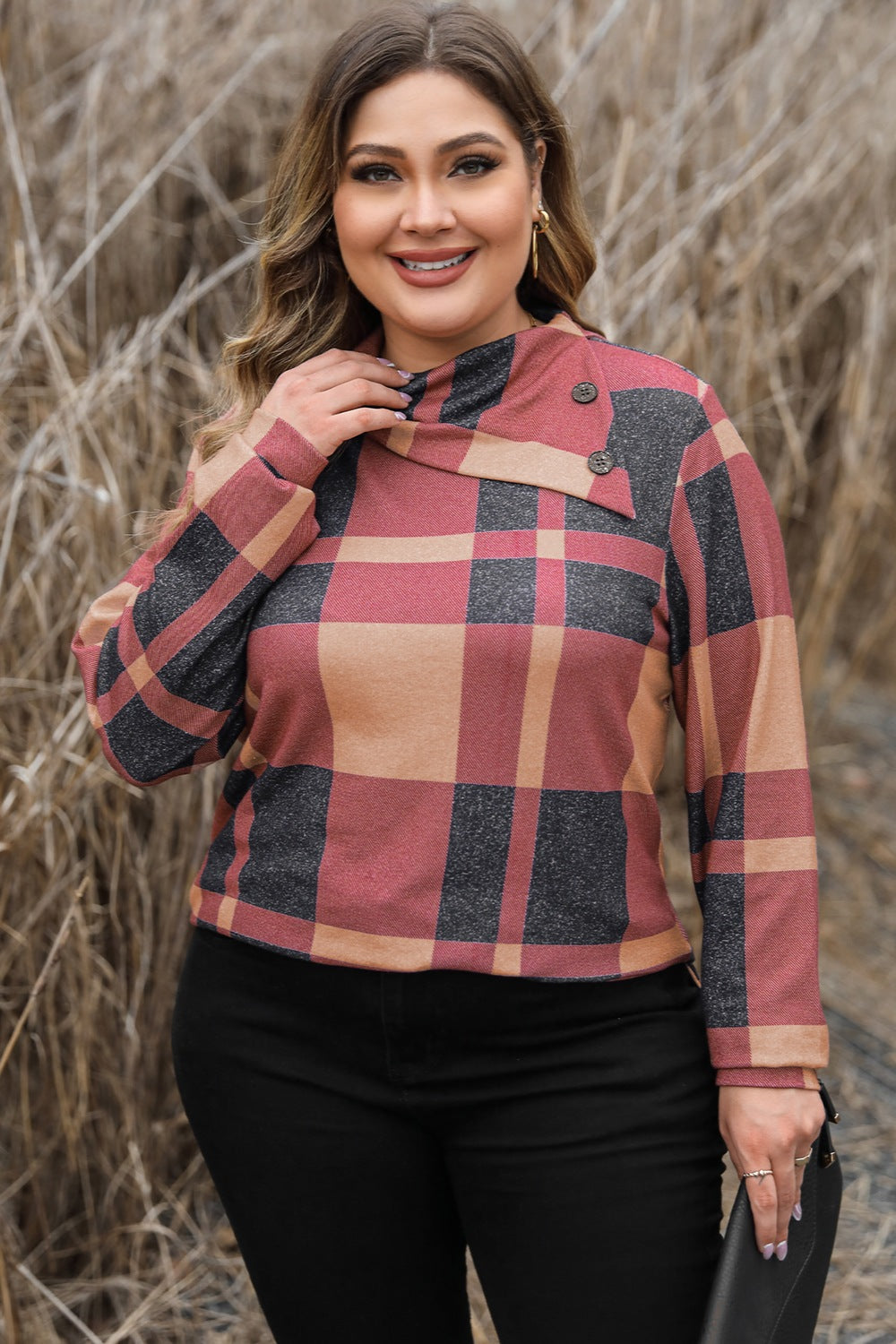 Plus Size Plaid Cowl Neck Long Sleeve Sweatshirt-TOPS / DRESSES-[Adult]-[Female]-2022 Online Blue Zone Planet