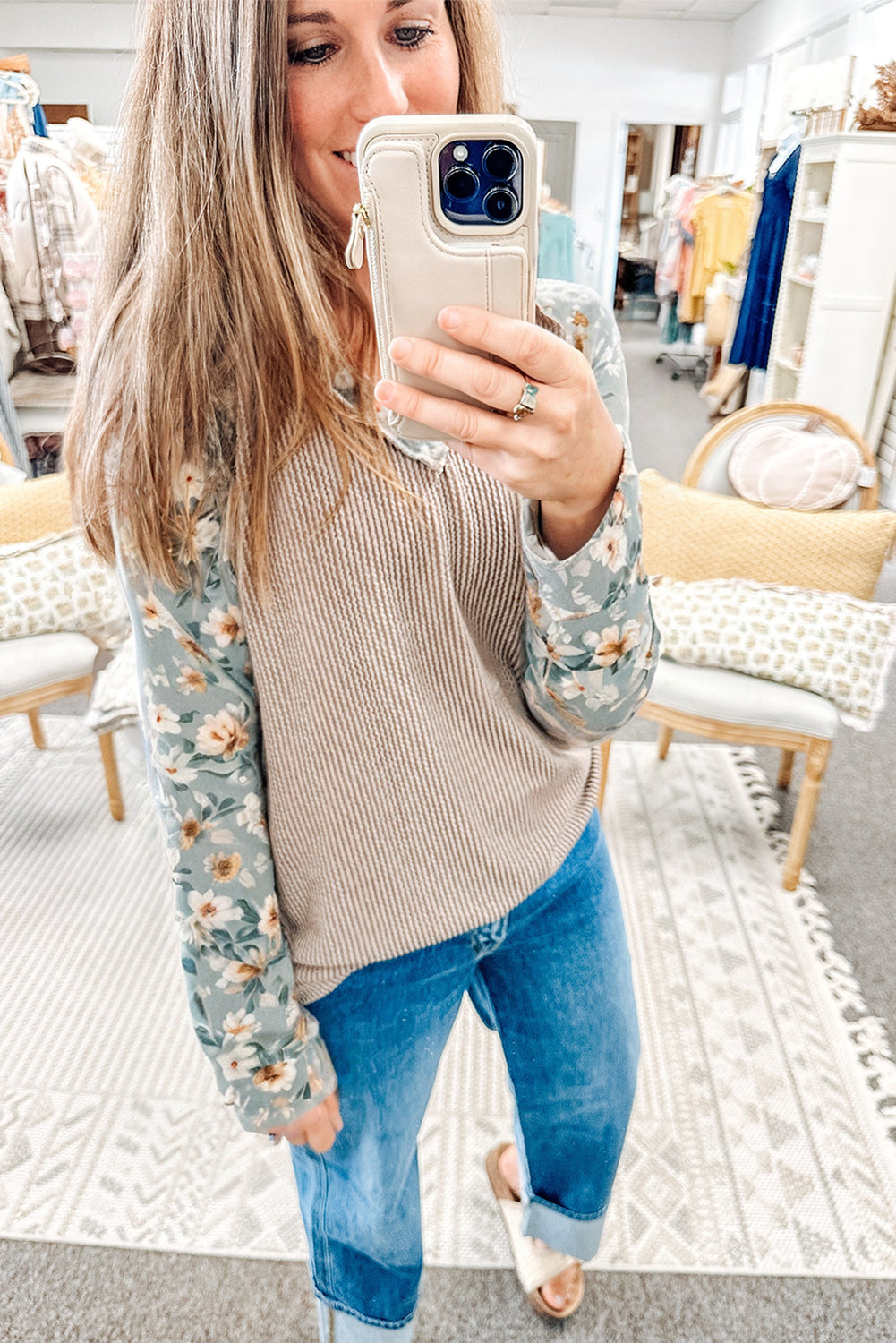 Parchment Twist Ribbed Floral Contrast Patchwork Long Sleeve Top-Tops/Long Sleeve Tops-[Adult]-[Female]-2022 Online Blue Zone Planet