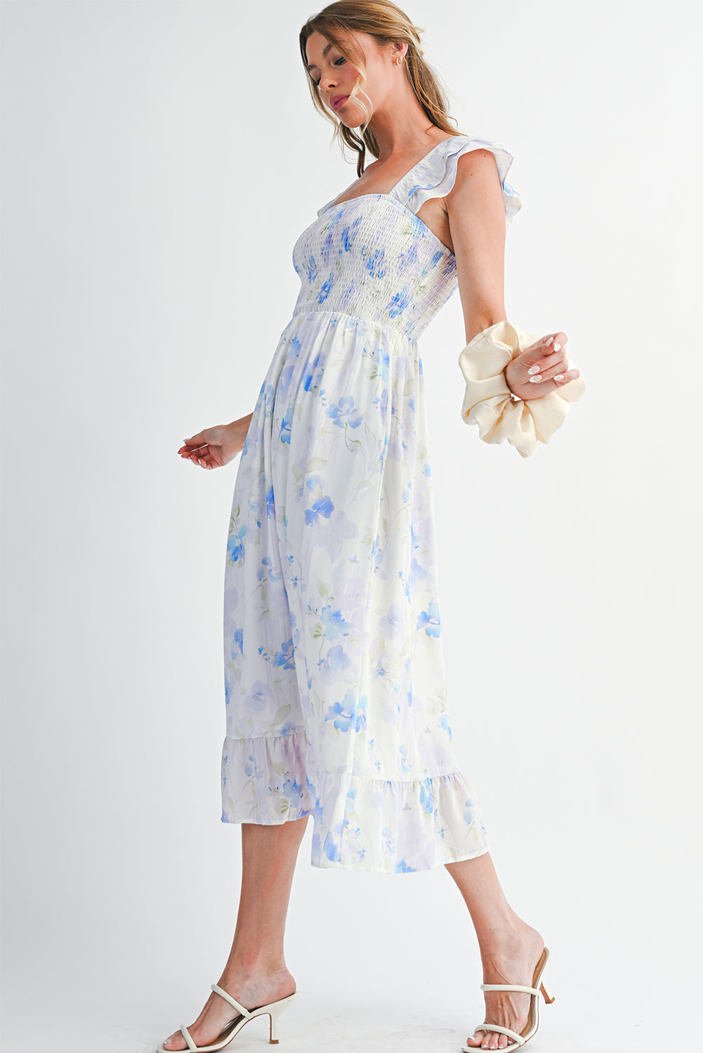 Sky Blue Floral Smocked High Waist Ruffle Sleeveless Long Dress-TOPS / DRESSES-[Adult]-[Female]-2022 Online Blue Zone Planet