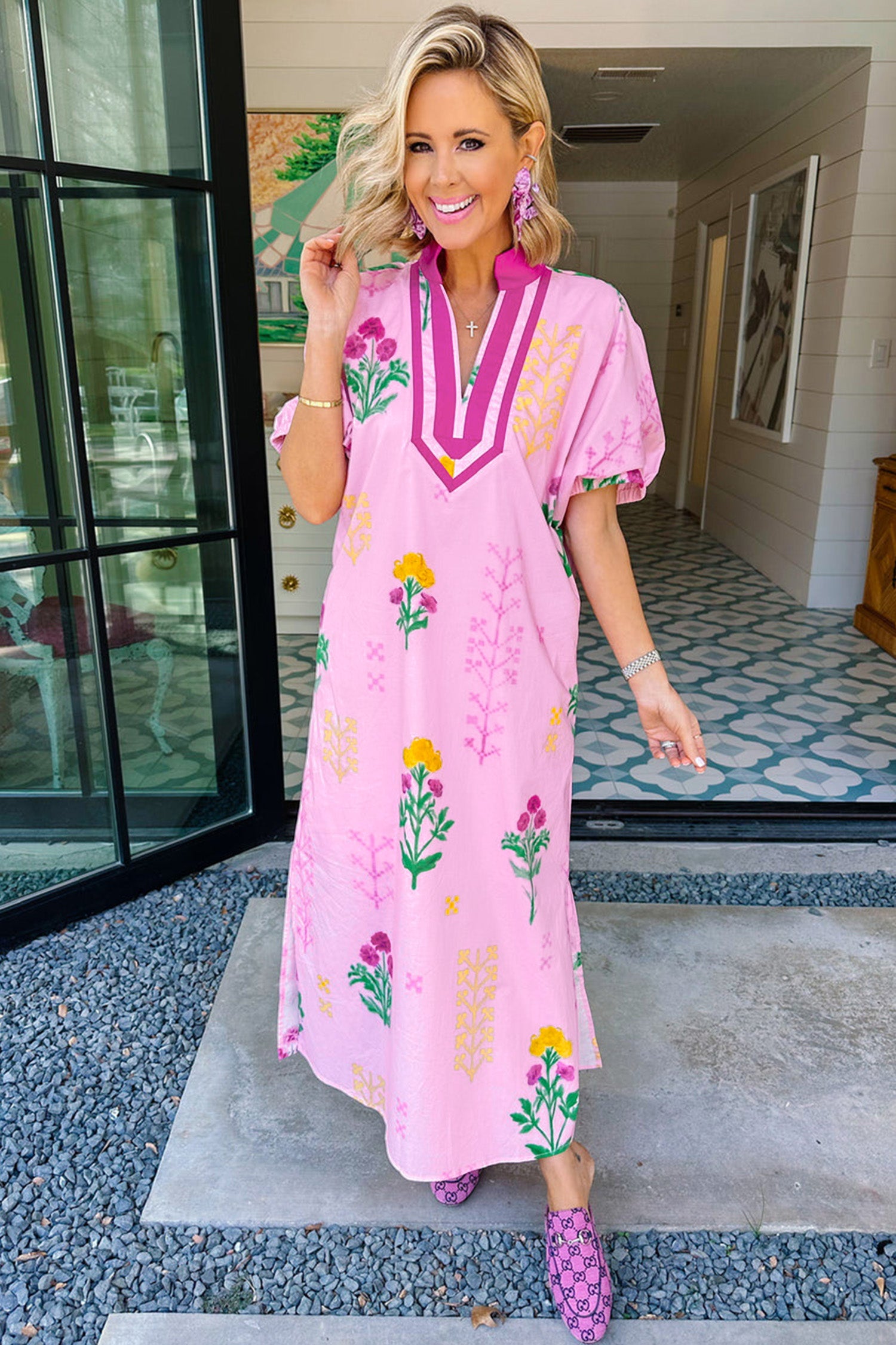 Pink Floral Print Short Sleeve Colorblcok Trim V Neck Midi Dress-Dresses/Floral Dresses-[Adult]-[Female]-2022 Online Blue Zone Planet