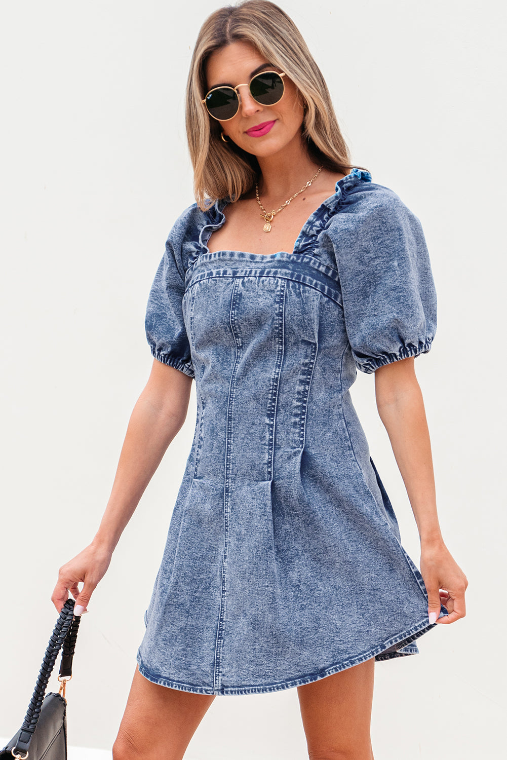 Blue Frilly Square Neck Bustier Puff Sleeve Short Denim Dress-TOPS / DRESSES-[Adult]-[Female]-2022 Online Blue Zone Planet