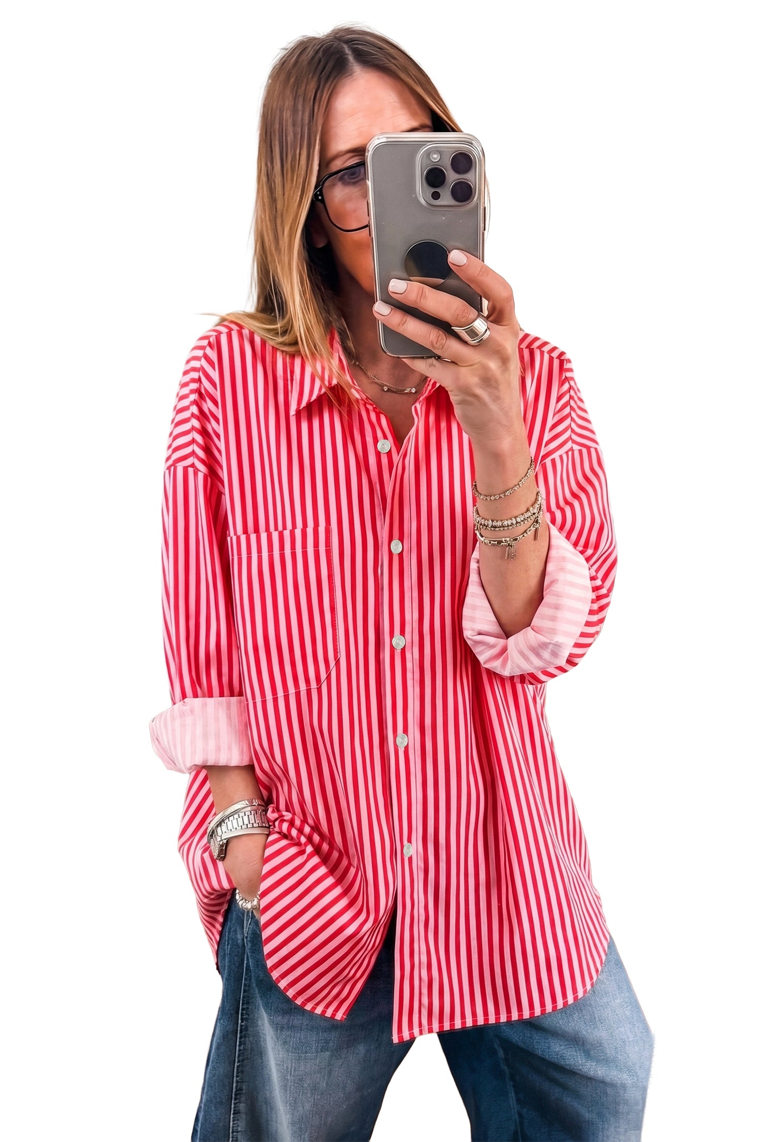 Red Stripe Button-Up Shirt Long Sleeve Patch Pocket Casual Shirt-Tops/Blouses & Shirts-[Adult]-[Female]-2022 Online Blue Zone Planet